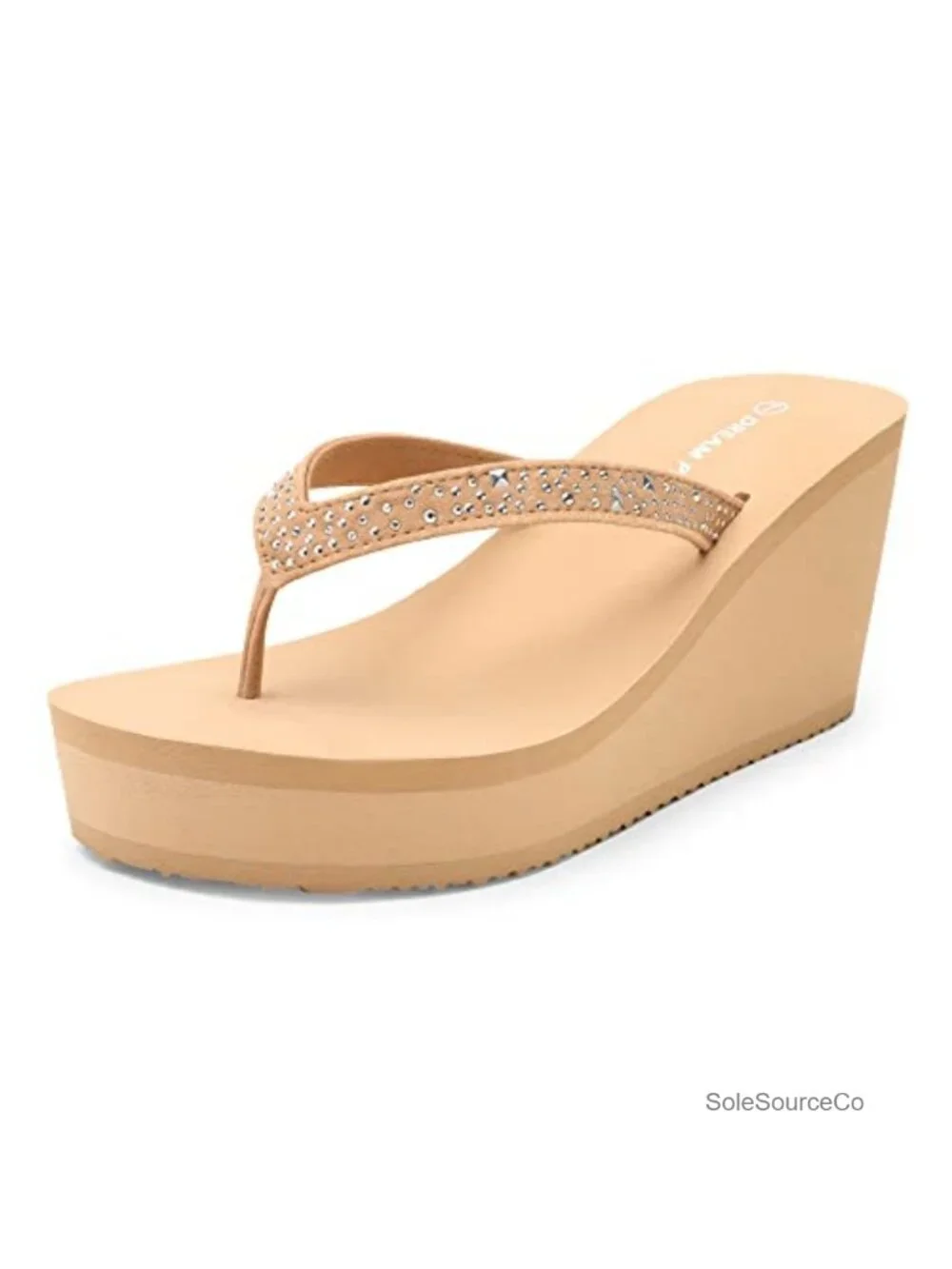 Platform Wedge Flip Flops with Rhinestones, Faux Suede Sandals